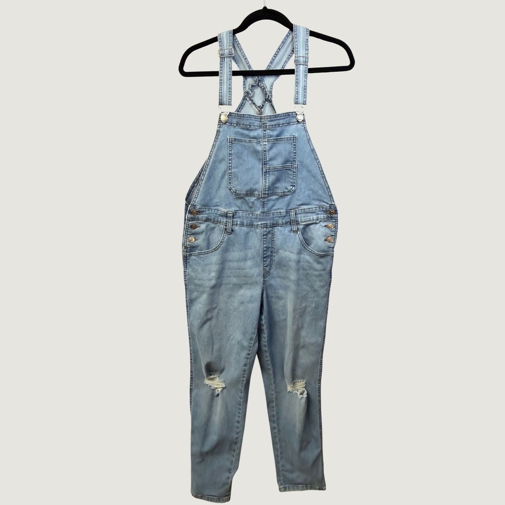 Light Wash Distressed Denim Bib Overalls Slim Tapered Blue Women Size M